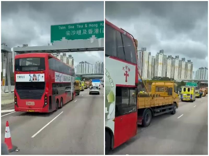 西九龍公路巴士工程車相撞釀兩傷，美孚往西隧慢線封閉。(車cam L（香港群組）截圖)
