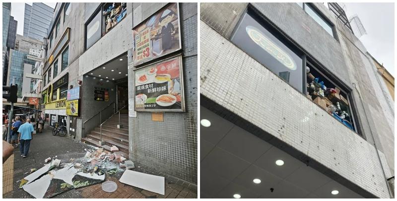 觀塘康寧道11號冠天閣商場一樓連鎖快餐店一塊玻璃窗突然甩脫墮落行人路上，連同食材散滿行人路