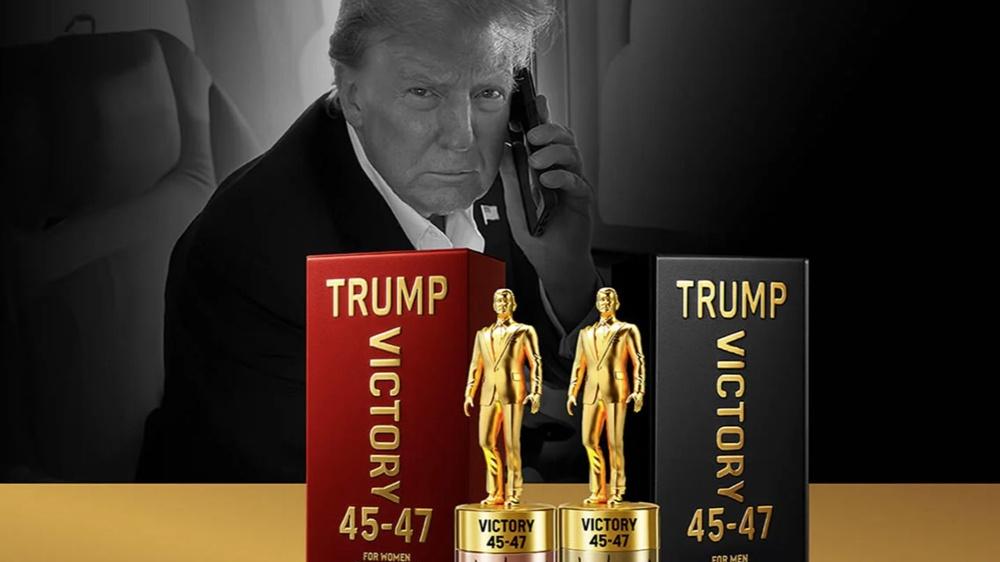 特朗普推出「勝利香水」，小金人勁搶眼，每瓶賣1950元。(網上圖片)