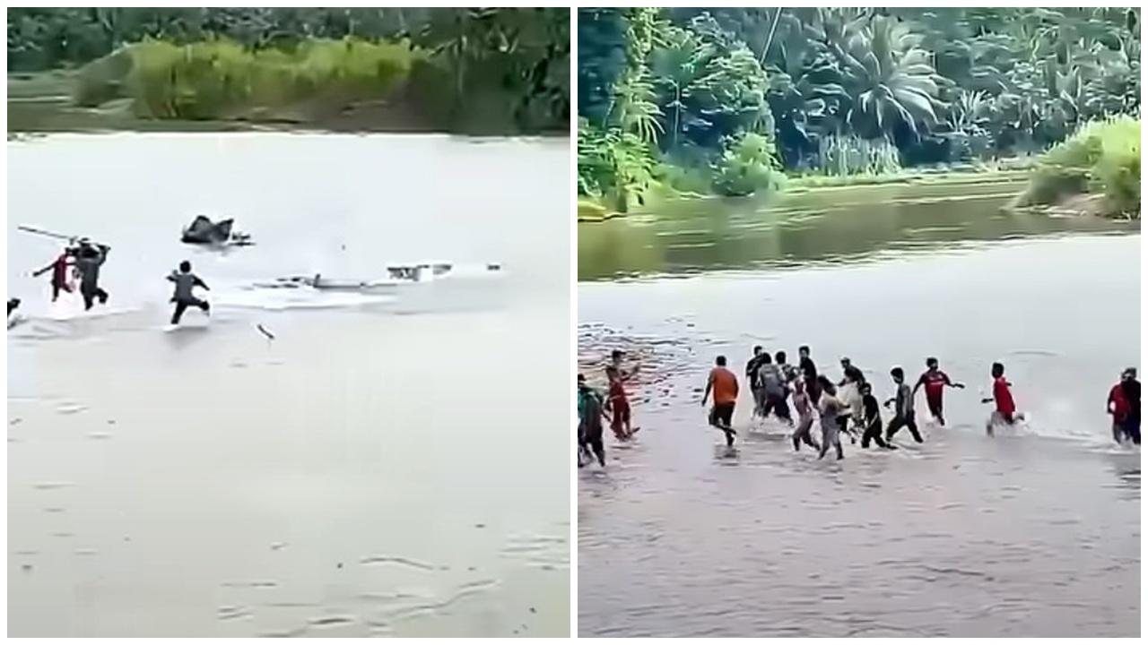 八旬翁遭鱷魚拖落河，數十村民持武器衝落水奮力營救。(X)