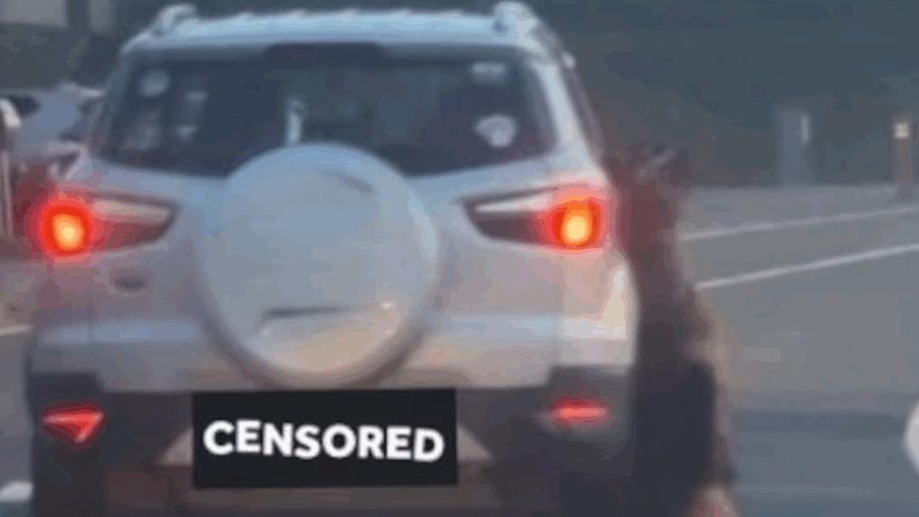 德國牧羊犬頸部被緊緊地綁在私家車右邊車身外，一路被高速拖行。(互聯網)