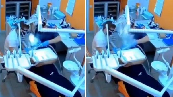 事發時，牙醫替病人洗牙，工具突然在病人口裡爆炸，閃火光、噴出大量粉末。(互聯網)