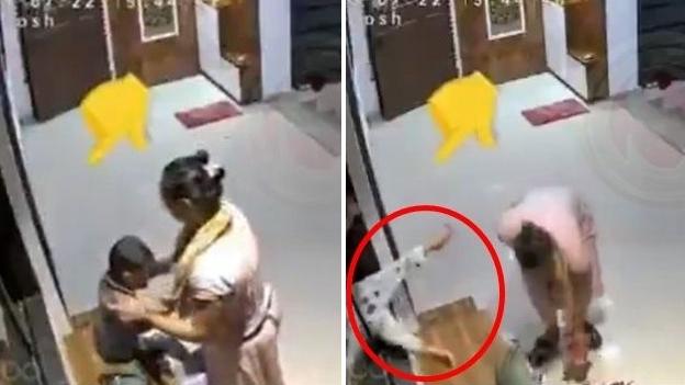 從閉路電視畫面可見，母親把女童抱到鞋櫃上，母親一時不注意，女童站起來卻失平衡，向後跌出窗外。（互聯網）