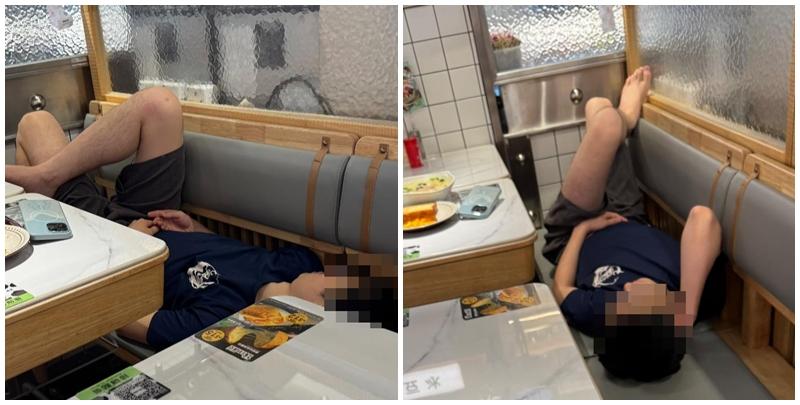 有網民前往將軍澳一間冰室食早餐時，發現鄰檯一名男子睡意大作，連早餐都未有進食便直接於座椅上大覺瞓，更懶理店員「瞓到扯鼻寒」，更除了鞋把翹腳放在檯邊，行為令人側目。(facebook群組將軍澳主場)