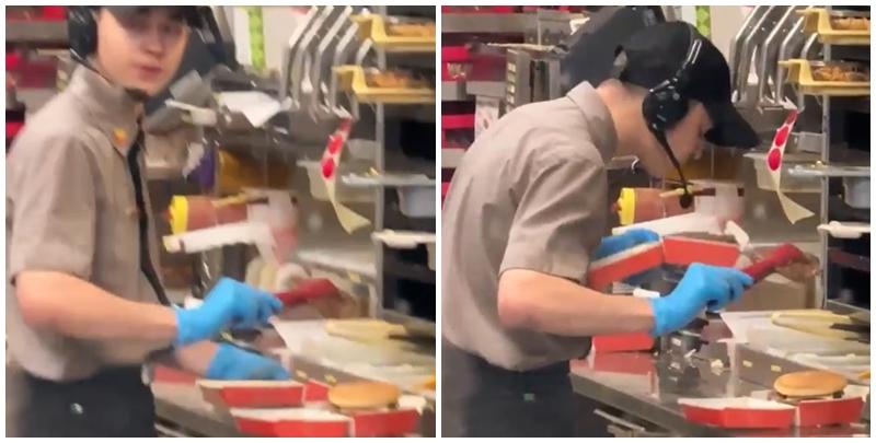 俄羅斯連鎖快餐店有員工，與客人發生爭吵後，為報復對方，在製作漢堡時朝肉餅吐口水，過程都被客人拍下，員工也立即遭開除。(X影片截圖)