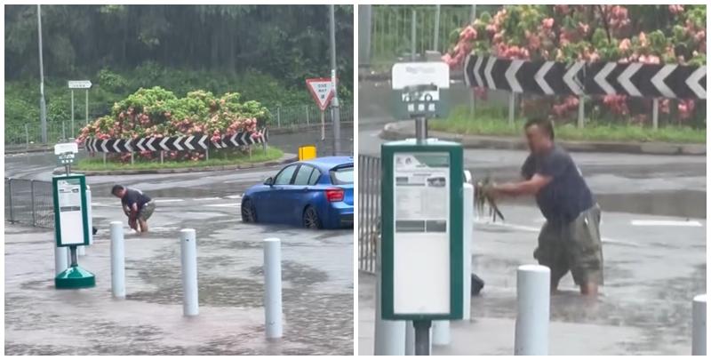 颱風韋帕｜有網民享「好人好事」，目擊一名私家車男司機駛經大圍一個迴旋處，落車伸手清走堵塞渠口的雜物，甚至「通埋對面線啲坑渠位先走」。(Threads)