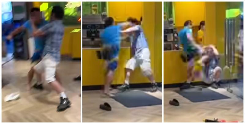 深水埗欽州街麥當勞發生激烈毆鬥。一名藍衫赤腳男子在餐廳大門，將身穿格仔衫男子逼至牆角，至少向對方頭部狂轟六拳，更三次飛膝猛撞KO對方。(車cam L（香港群組）FB)