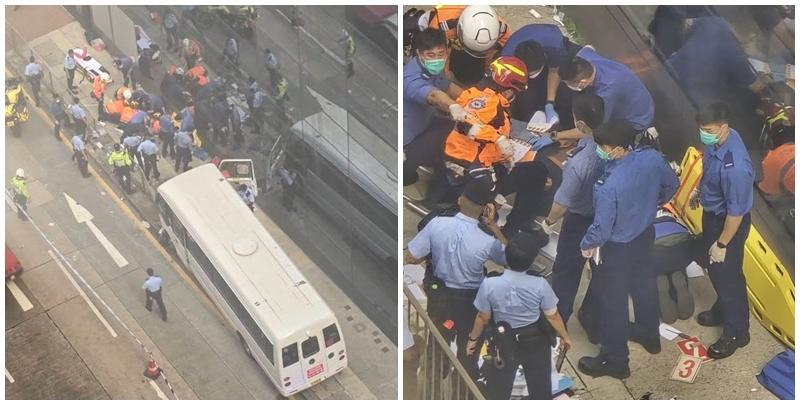 北角渣華道發生車禍，一輛14座白色小巴沿渣華道往鰂魚涌方向行駛，至近柯達大廈對開時疑失控剷上行人路掃毀欄杆，並撞到一名40歲女途人，她頭傷流血清醒送院。(北角有樂FB)