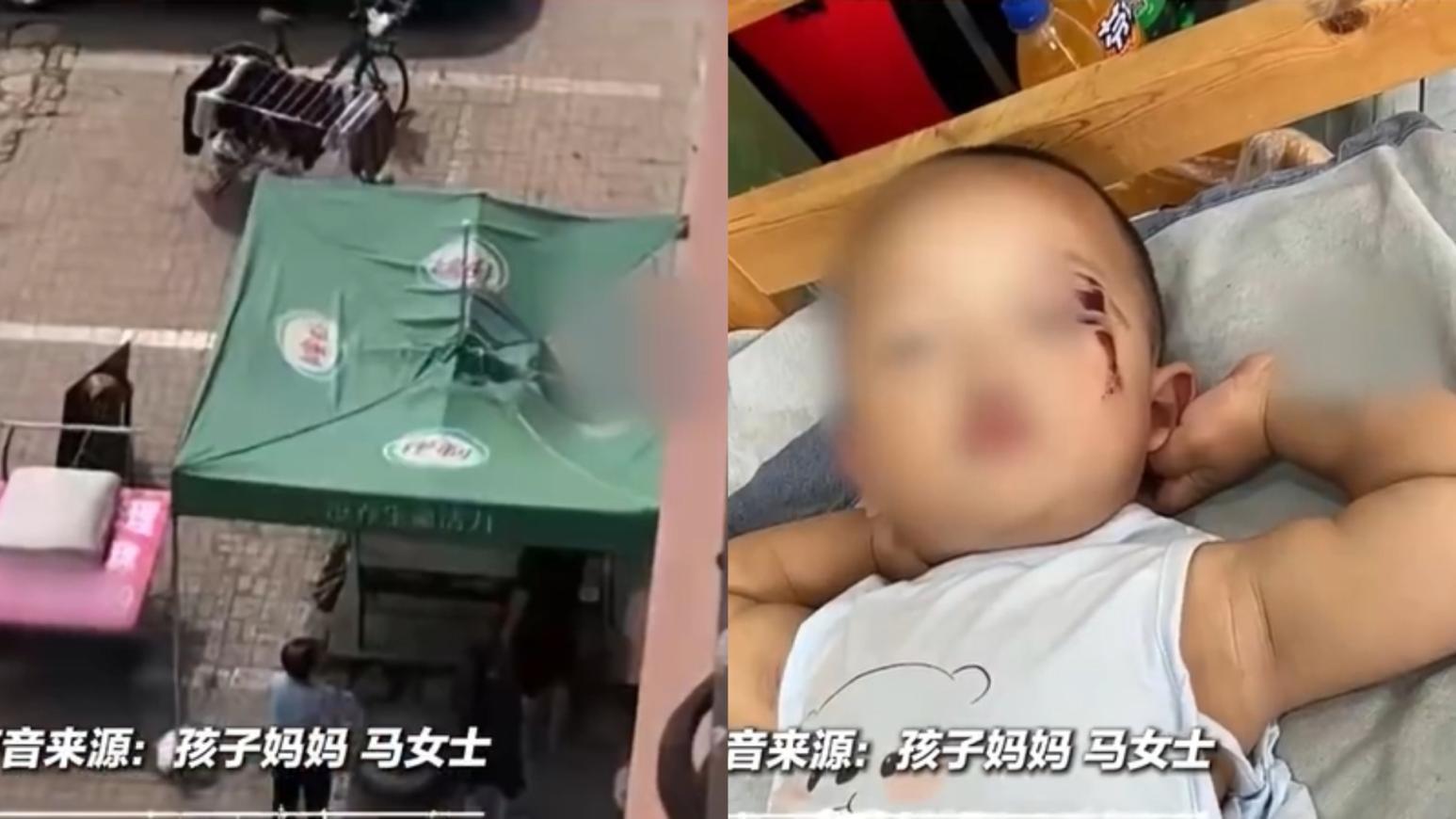 男童從6樓住家墜落，被樓下店鋪遮陽傘攔住僅受輕傷。（圖／翻攝上游新聞）