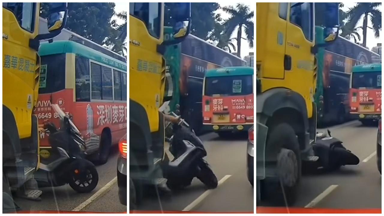 車Cam直擊，大埔電單車攝車罅，遭田螺車撞低推行。(FB/車cam L (香港群組))