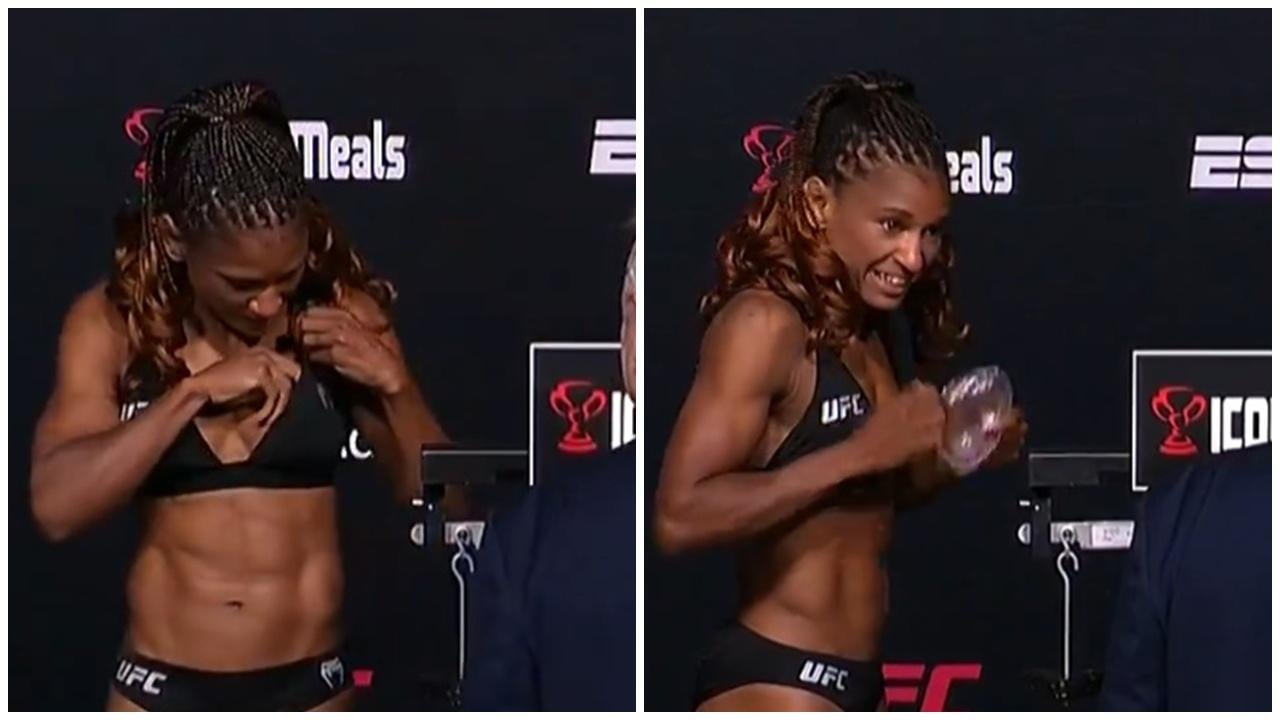 格鬥女磅重當眾取出義乳交裁判，幽默回應「兩秒減6磅」。(X)