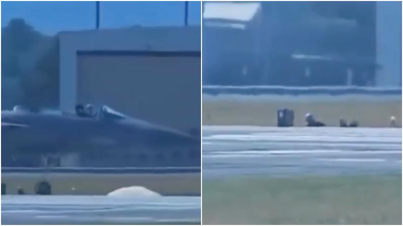 F-15D「鷹式」戰機在地面滑行時，後座乘員突然意外彈射出艙。（圖／擷取自Ｘ）