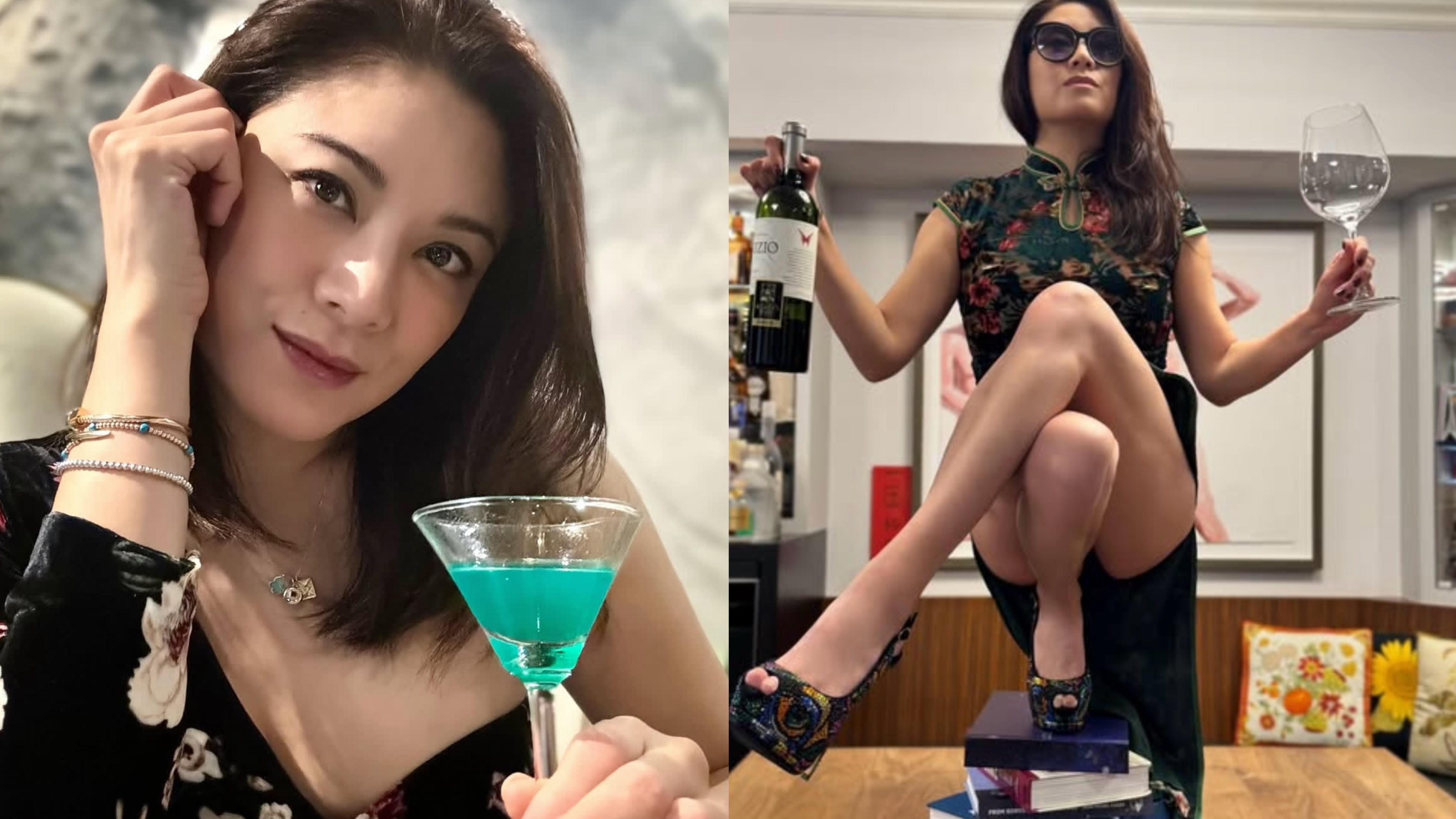 廖碧兒高難度斟紅酒動作險走光 超強平衡力令網民讚嘆