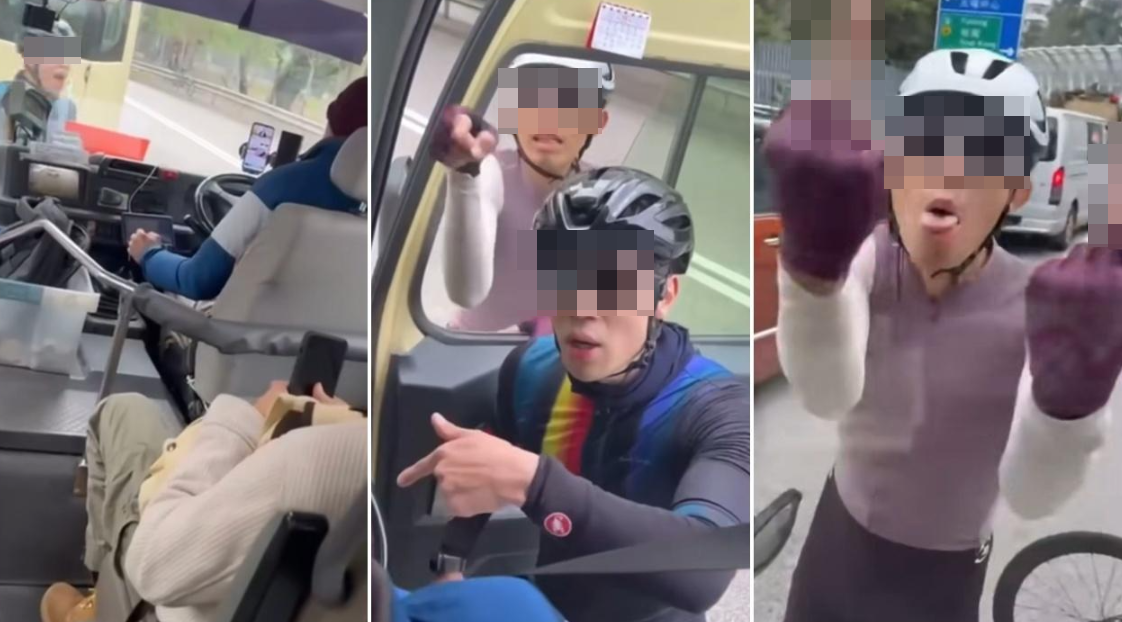 去年12月中，大埔公路大窩段有4名單車客疑不滿小巴響號警示，攔截小巴開車門辱罵司機，事後3男1女被捕，被控在公眾地方作出擾亂秩序的行為等共9罪。(影片截圖)