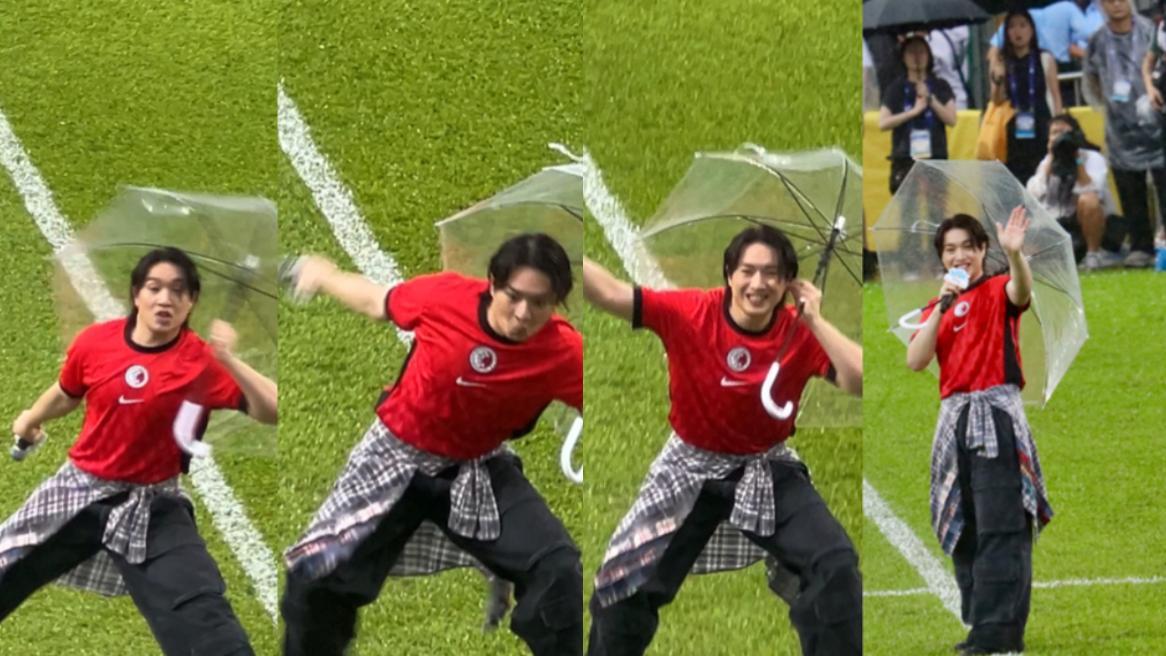 柳應廷Jer大球場冒雨獻唱  草地濕滑跣腳紮馬站穩