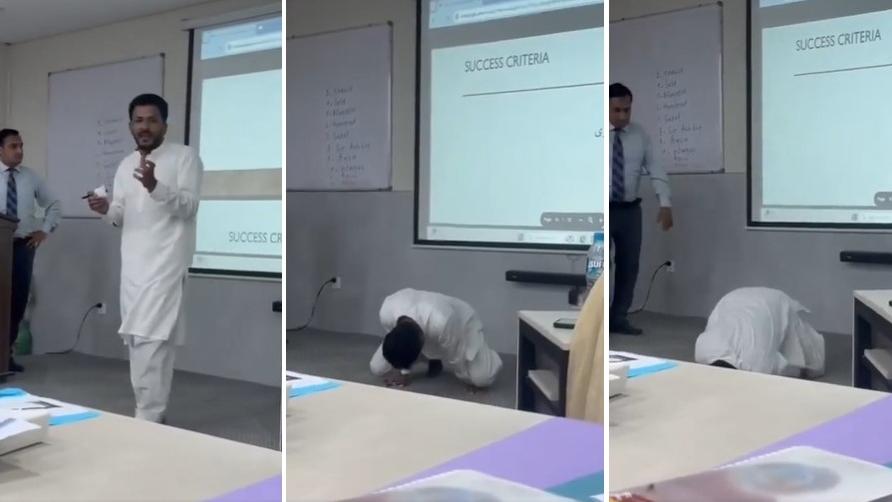 左至右：男教師事發前並沒異樣，卻突然慢慢跪下，雙手撐著，瞬間向前倒下。(互聯網)