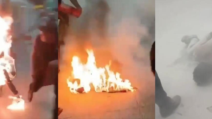 左至右：男子自焚燒成火球，衝向機場保安等人，劇痛倒地，保安向他噴滅火劑。(互聯網)