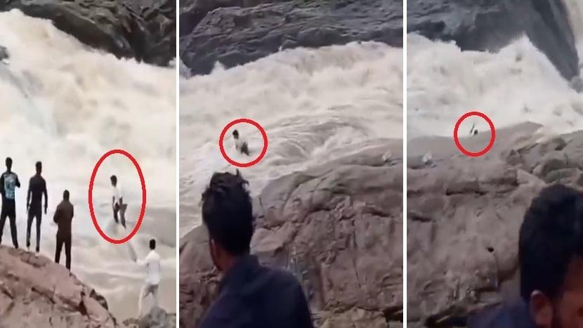 左至右：初時圖杜站在岩石上拍攝，瞬間水壩洩洪，山洪將圖杜沖走，他舉手呼救。(互聯網)
