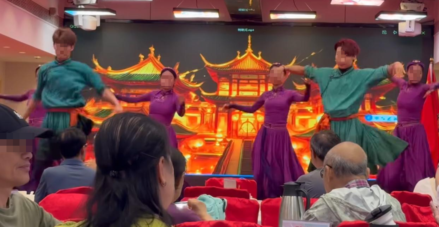 社交平台上月流傳影片，指觀塘一間酒樓有人於台上表演蒙古舞。(影片截圖)