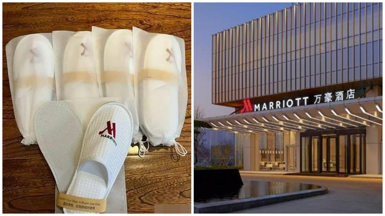 酒店拖鞋起毛粒有毛髮，常州萬豪認重複多次使用。(微博)