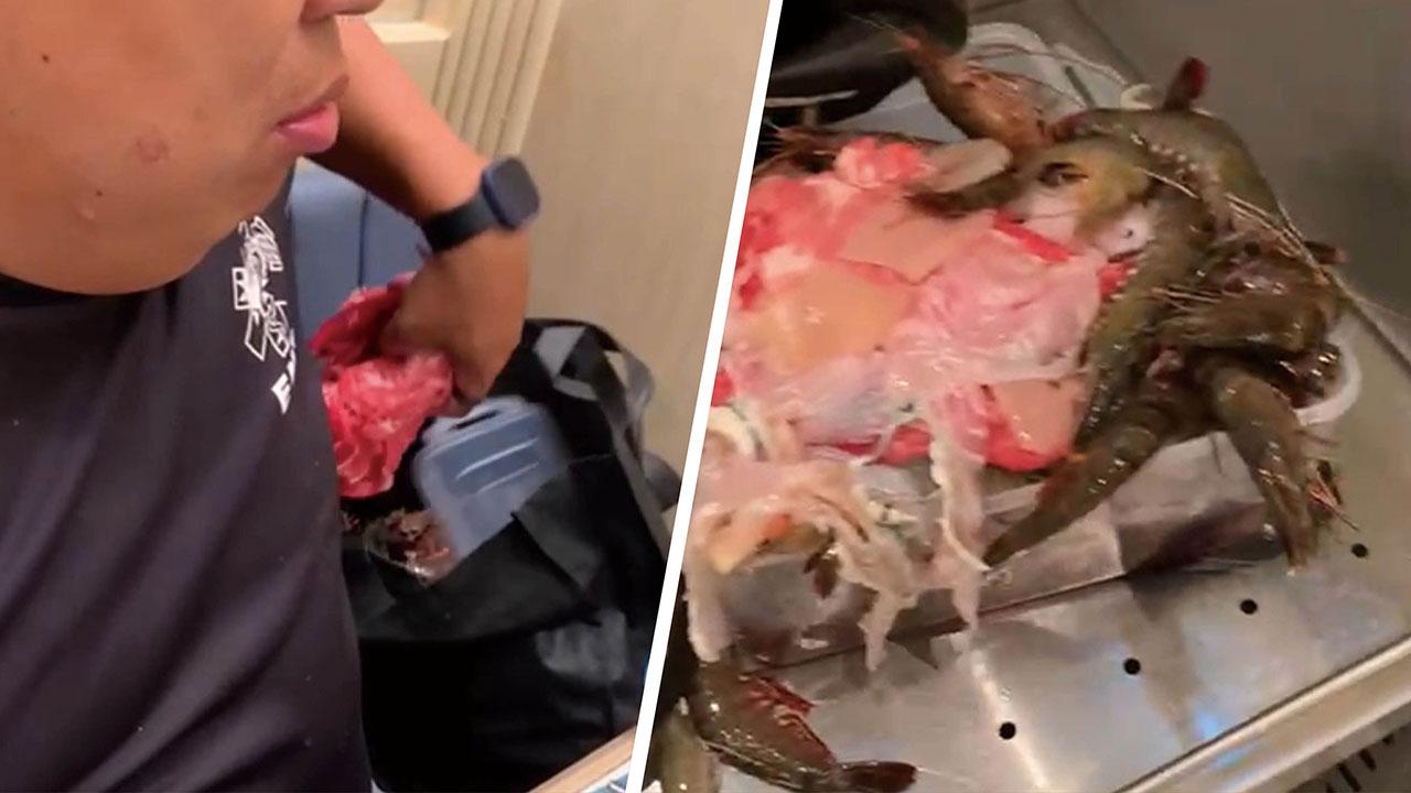 有食客在任食火鍋店疑帶走食材，經職員勸喻後全數交出。(網上片段截圖)