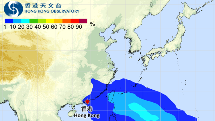 第三個潛在低壓系統的路徑概率預報。(天文台圖片)