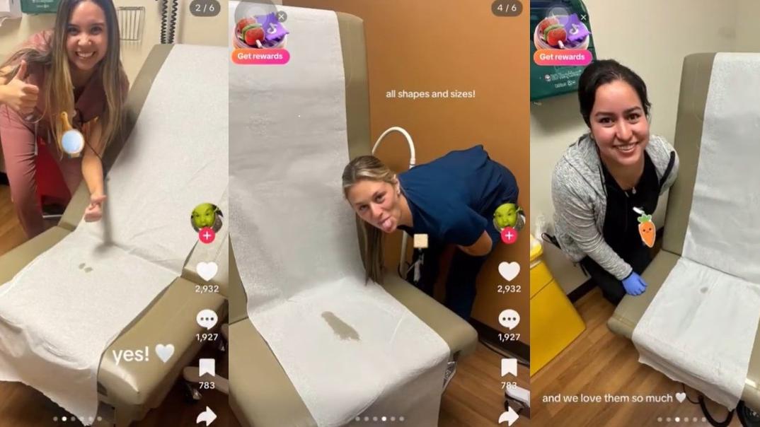 醫護站在病人體液污漬旁笑笑口拍照。(互聯網)