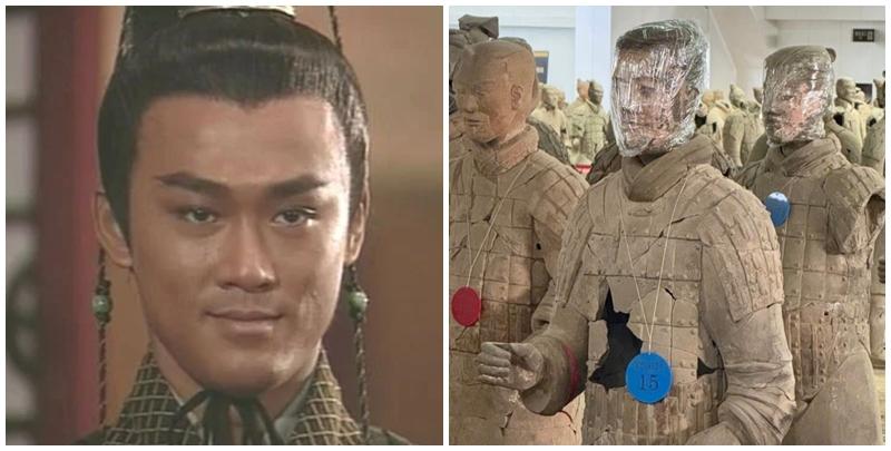 該陶俑掛著「T23G10 15」藍色標牌，頭部雖然包裹著一層類似保鮮膜的東西，但臉部依舊保持著鮮艷色澤，一眼看去的確和林峯神似。(網上圖片)