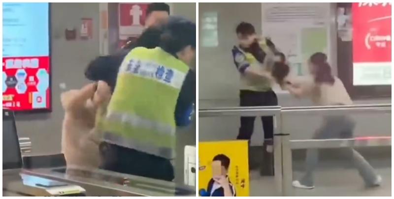 深圳地鐵女乘客以拳頭及手袋激烈追打一名的男安檢員，男方僅用手阻擋及後退，其後另外一名女安檢員上前制止，亦被女乘客用手袋重擊頭部。男安檢員隨即反手擒拿將女乘客制服，隨後女乘客躺臥在地不動。(影片截圖)