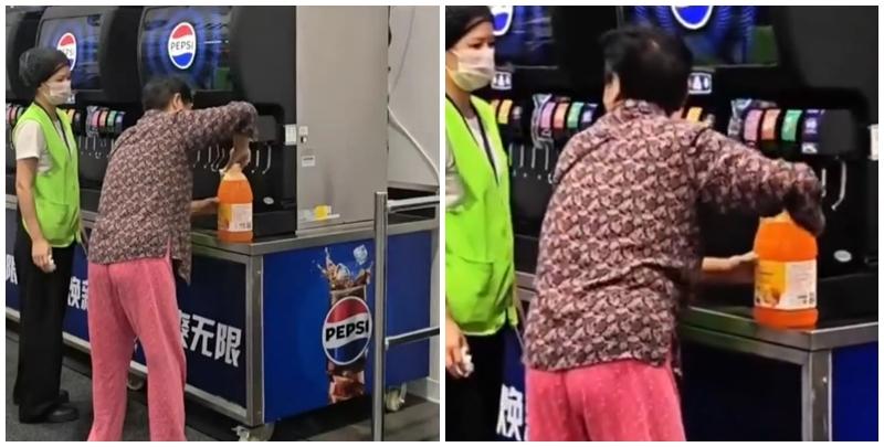 在武漢的一間山姆超市，一位中年大媽在飲食區手持大膠樽，在店內免費添飲續杯飲料吧裝滿了一整桶飲料，不顧員工在旁勸阻(影片截圖)