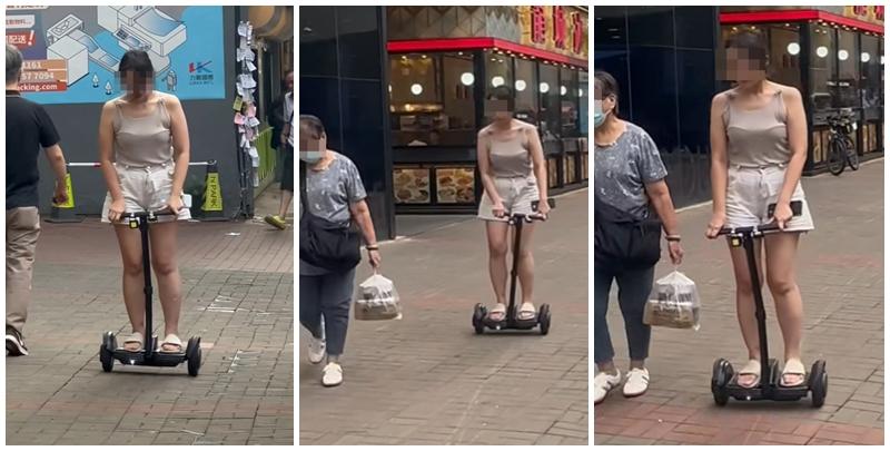 一名女子在觀塘行人路涉違法駕駛電動滑板車，險些撞到一名老婦。「車cam L（香港群組）FB」