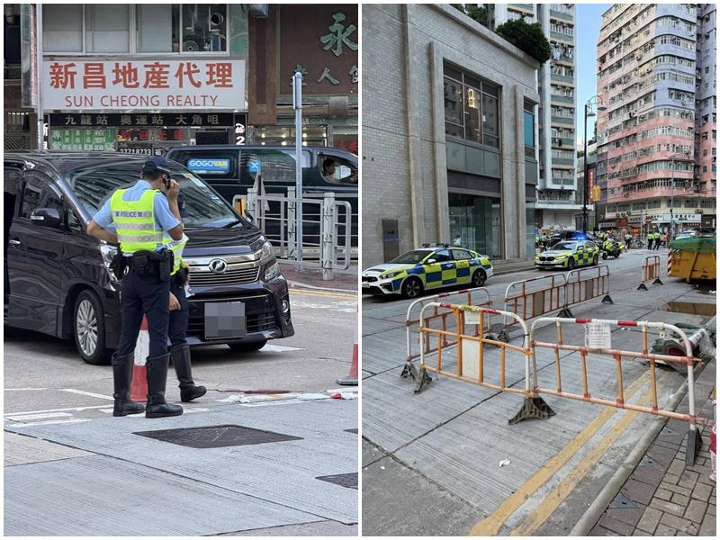 大角咀女子捱七人車撞半昏迷送院，現場遺下大灘血漬。(車cam L（香港群組）)