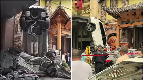 湖北房車失控衝撞「垂直90度倒立」。（圖／翻攝新京報）