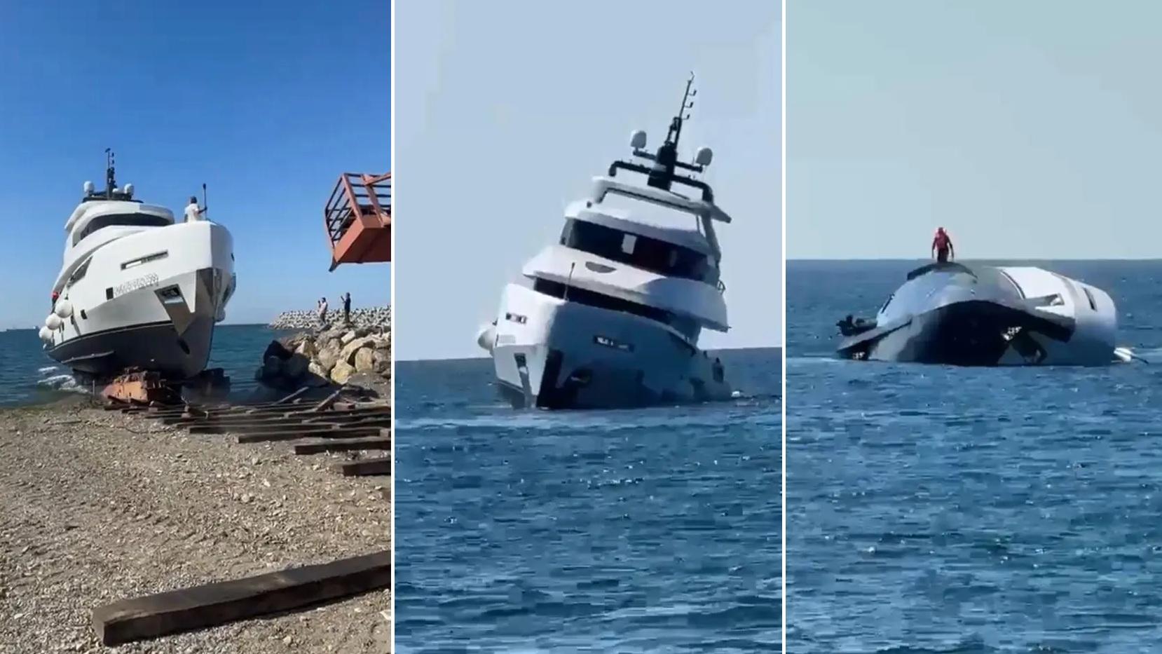 左至右：豪華遊艇Dolce Vento號在土耳其下水，航行約15分鐘後突然傾側，在海面載浮載沉。(互聯網)