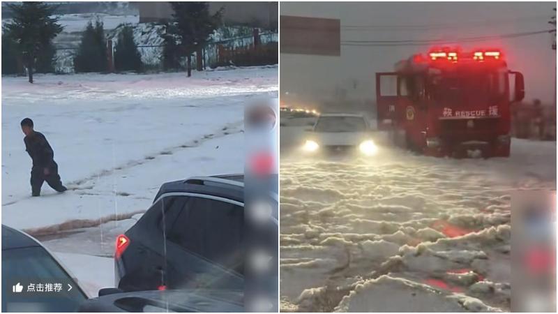 甘肅甘南州降下大量冰雹。（圖/翻攝《荊楚網》）