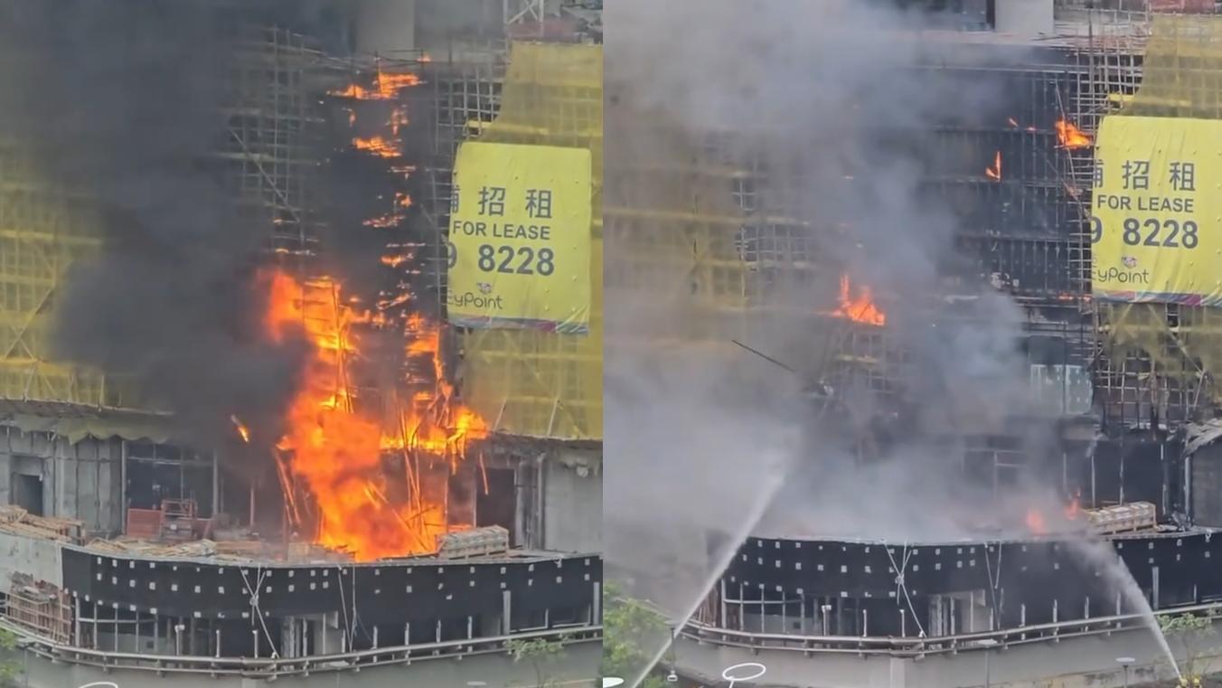 地盤冒出大量濃煙，消防射水灌救。(網上影片)