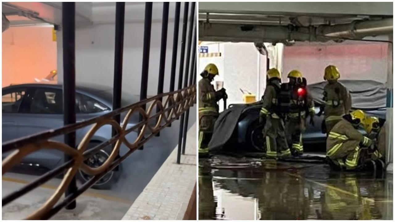 麗港城比亞迪電動車冒煙，消防用電動車滅火氈覆蓋車身無人傷。(FB/BYD香港車主群)