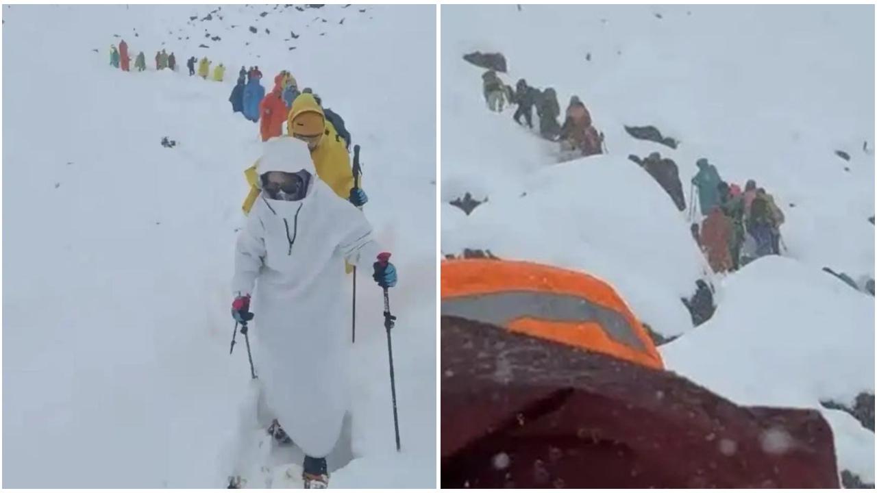 西藏珠峰暴雪困千人部分失溫，逾百官民開路營救。(微博)