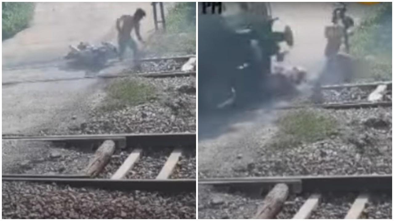 鐵騎士闖鐵路跌車，跟火車鬥快不及逃生慘被撞死。(YouTube)