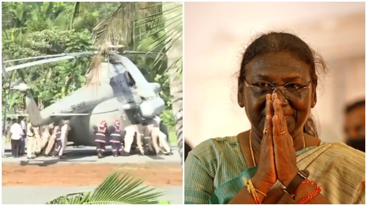 總統直升機降落停機坪突塌陷，十數消防警員人肉扶正。(X)