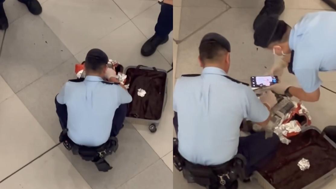 警元朗站截查「行街紙」外籍男行李，檢13公斤可卡因。（網上影片截圖）
