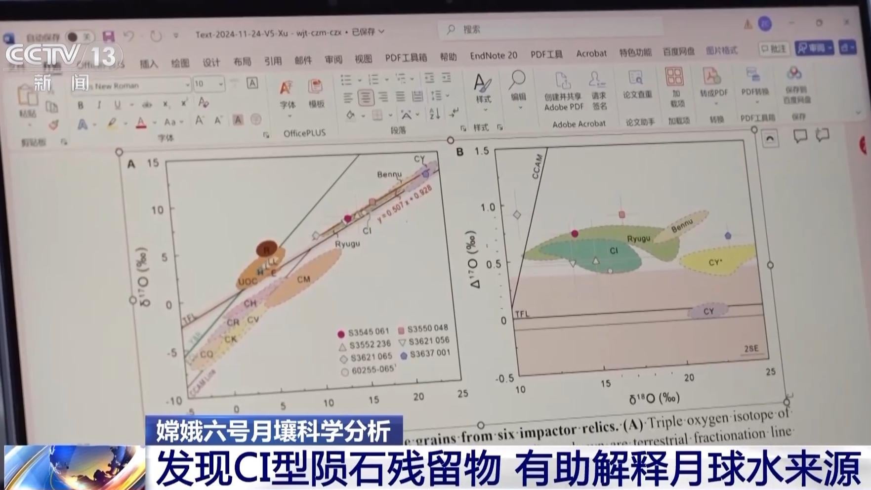 嫦娥六號｜月球之水天上來？月壤發現太陽系外隕石殘留物。（央視截圖）