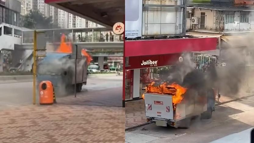 荃灣一輛貨車起火焚燒。（fb「馬路的事討論區」圖片）