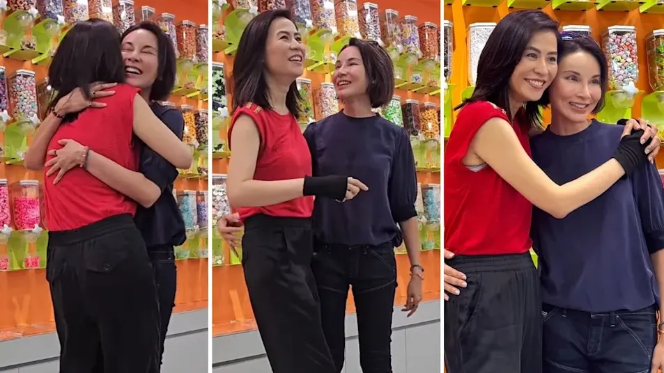 宣萱到新加坡剪綵時遇上雪兒，兩人關心擁抱，雪兒樣貌受到關注。（網上影片截圖）