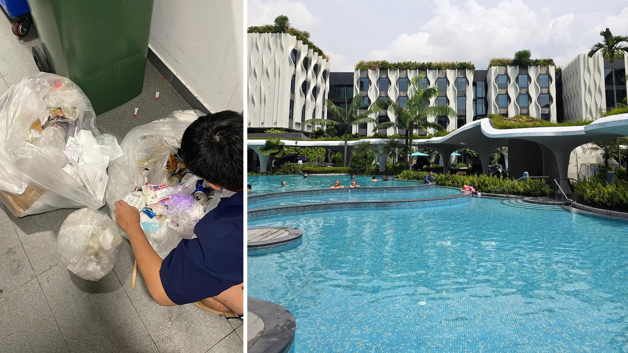 台灣男子在Threads貼出他摷酒店垃圾尋找3000坡元以及新加坡悅樂聖淘沙酒店的照片。(互聯網)