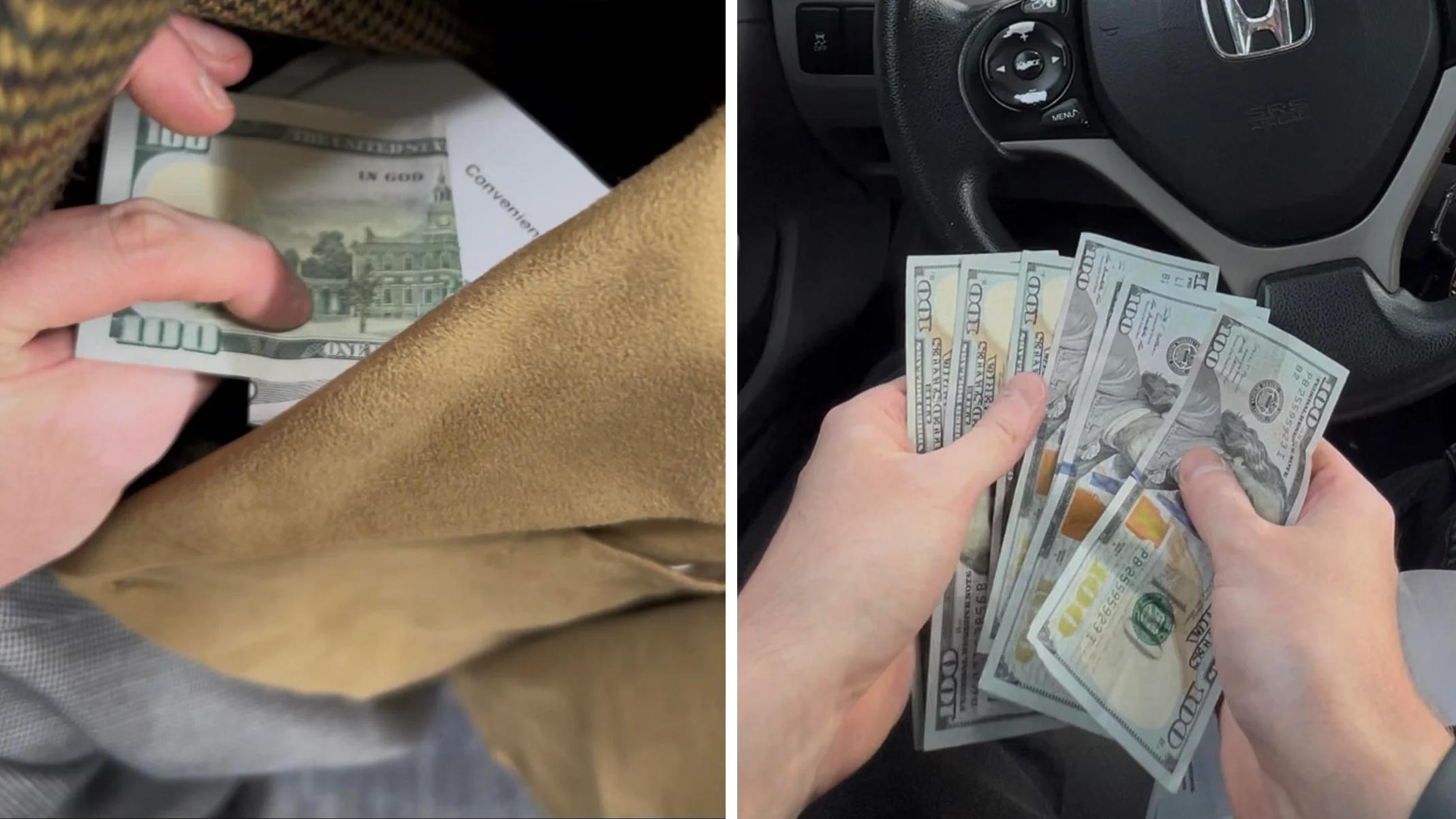 男子在二手西裝的袋裡果真發現多張美鈔，剛好等錢使，慶幸得到這筆意外之財。(互聯網)