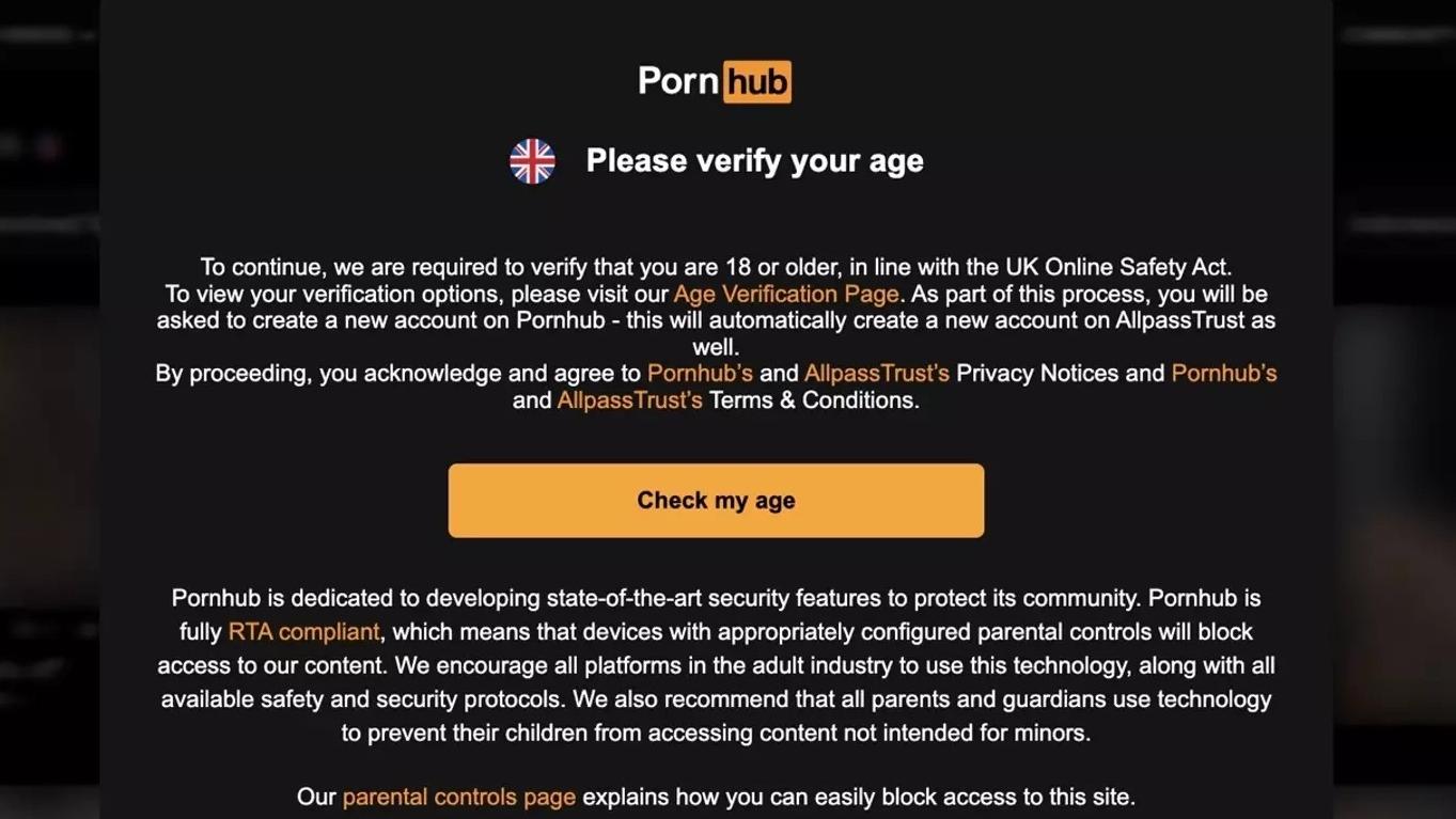 成人網站Pornhub對英國實行的年齡驗證。(網上圖片)