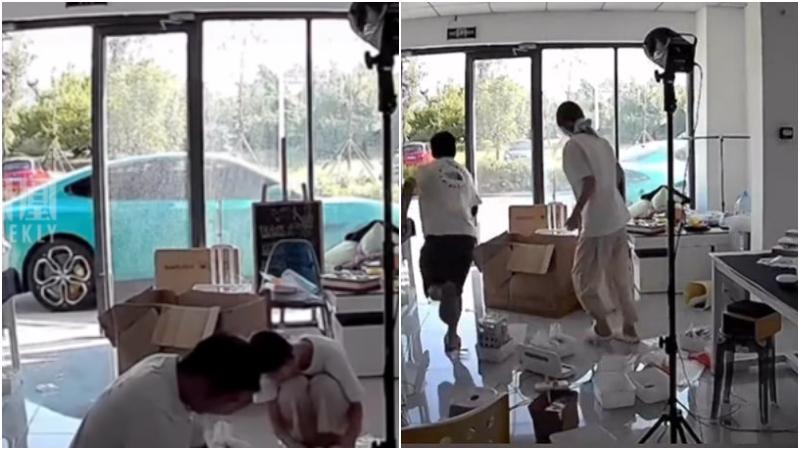 車主發現車子自己跑了，連忙站起身追車。（圖/翻攝新浪微博）