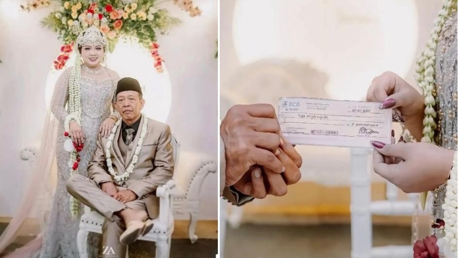 塔爾曼高調迎娶年輕50歲的艾莉卡，在豪華婚禮上交付30億印尼盾禮金支票。(互聯網)