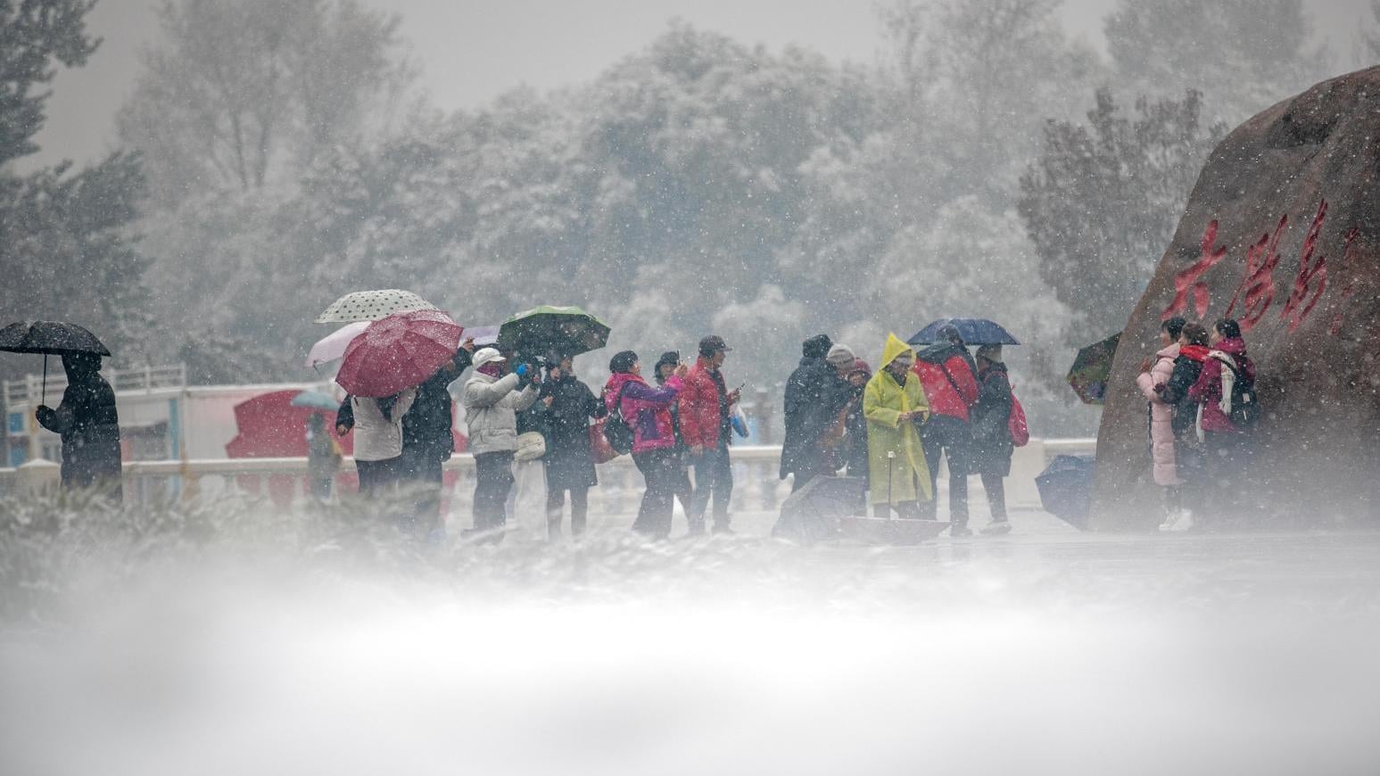圖為10月17日，遊客在雪中遊覽哈爾濱的風景區。（圖／新華社）
